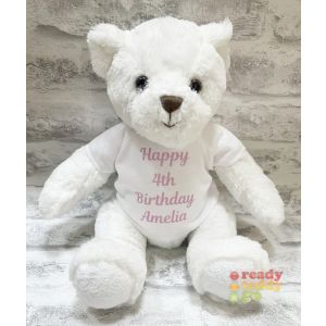 Personalised Teddy Bears - 13 Inch Bartley The Teddy Bear (White) - Printed on a white T-Shirt - Any Text.