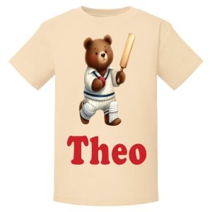 Cricketer Bear Any Name Childrens Printed T-Shirt