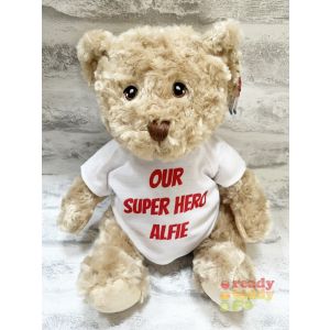 Personalised Teddy Bears - 9 Inch Keel Toys Eco Dougie Teddy Bear - Printed on a white T-Shirt.