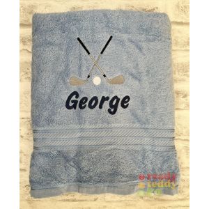 Name + Golf Clubs & Ball Embroidered Design Bath Towel