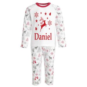 Christmas Grey & Red Reindeer Pattern Any Name Childrens Pyjamas