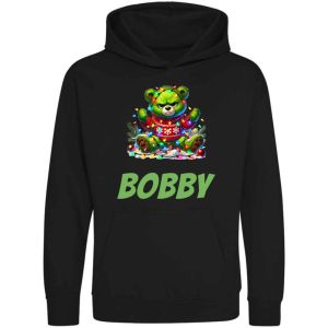 Christmas Grumpy Green Bear Any Name Childrens Hoodie