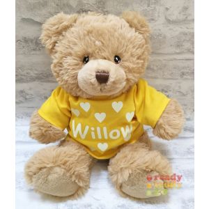 Personalised Keel Toys Eco Large 11 Inch Harry Brown Teddy Bear Wearing Coloured T-Shirt printed with GLOW in the Dark Vinyl Name + Hearts