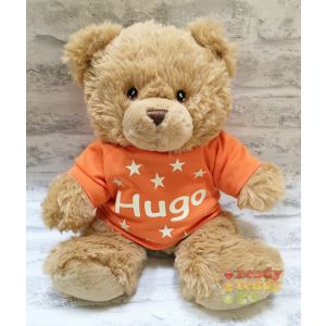 Personalised Keel Toys Eco Large 11 Inch Harry Brown Teddy Bear Wearing Coloured T-Shirt printed with GLOW in the Dark Vinyl Name + Stars