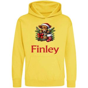 Christmas Highland Cow Stocking Any Name Childrens Hoodie