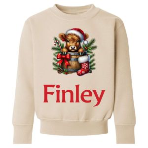 Christmas Highland Cow Barrel Any Name Childrens Sweatshirt / Jumper