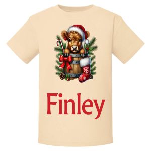 Christmas Highland Cow Barrel Any Name Childrens Printed T-Shirt