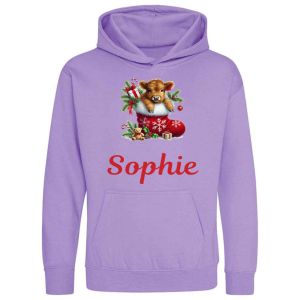 Christmas Highland Cow Stocking Any Name Childrens Hoodie