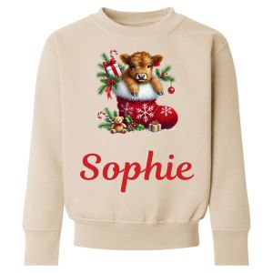 Christmas Highland Cow Stocking Any Name Childrens Sweatshirt / Jumper