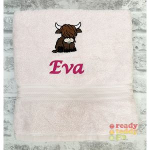 Personalised Bath Towels For Kids - Embroidered Name + HIGHLAND COW Design 