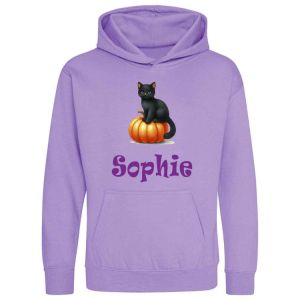 Halloween Black Cat Pumpkin Any Name Childrens Hoodie