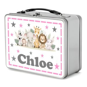 Safari Animals Girl Any Name Metal Lunch Box Tin