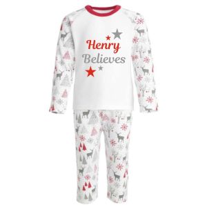 Christmas Grey & Red Reindeer Pattern Any Name Believes Childrens Pyjamas