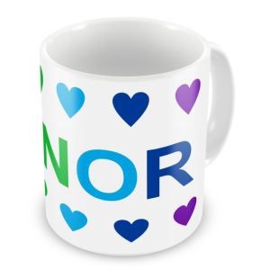 Rainbow Colours Hearts + Name Mug
