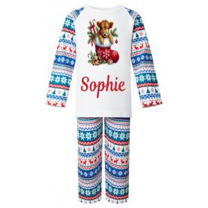 Christmas Highland Cow Stocking Any Name Childrens Pyjamas