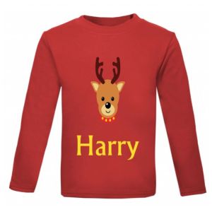 Christmas Reindeer Any Name Childrens Printed T-Shirt