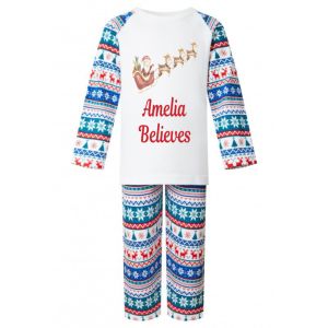 Santa Sleigh Watercolour Christmas Any Name Believes Childrens Pyjamas