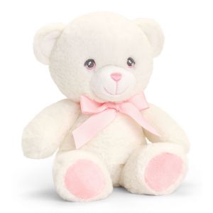 Keel Toys Small 20cm White / Cream Baby Teddy Bear with Pink Ribbon - Plain