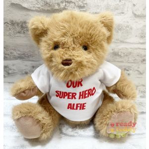 Personalised Teddy Bears - 10 Inch Keel Toys Eco Sherwood Teddy Bear - Printed on a white T-shirt - Any Text.