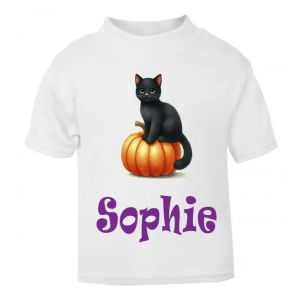 Halloween Black Cat Pumpkin Any Name Childrens Printed T-Shirt