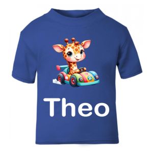Giraffe in Race Car Any Name Childrens Printed T-Shirt