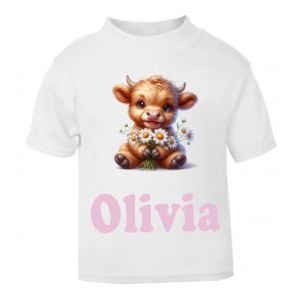Highland Cow Daisy Any Name Childrens Printed T-Shirt