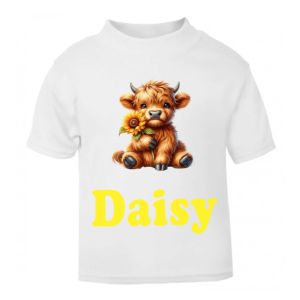Highland Cow Sunflower Any Name Childrens Printed T-Shirt