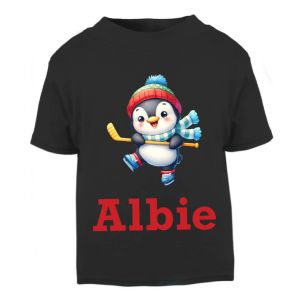 Penguin Ice Hockey Player Any Name Childrens Printed T-Shirt