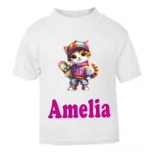Skate Boarding Cat Any Name Childrens Printed T-Shirt