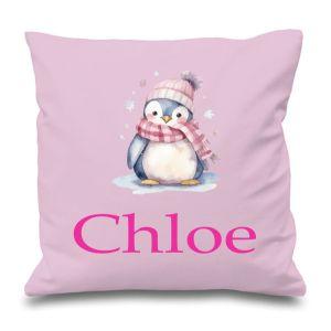 Winter Penguin Watercolour Any Name Printed Cushion