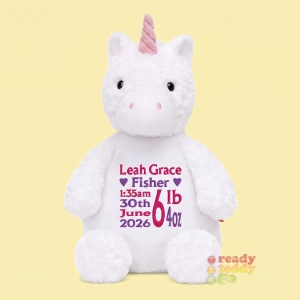 Personalised Teddy Bear - 14 Inch Cubbies Stardust The White Unicorn - Embroidered with NAME / TEXT / Baby Birth Details