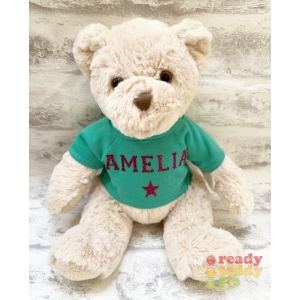 Personalised 8 Inch Bartley Teddy Bear Wearing Coloured T-Shirt printed with PLAIN or GLITTER Vinyl