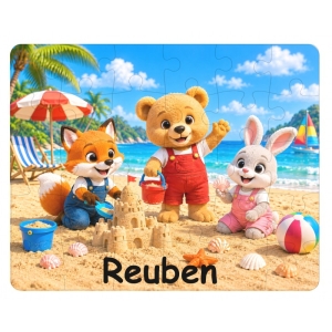 Personalised Children's Cardboard 30 Piece Jigsaw Puzzle - Any Kids Name - Ted and Friends Beach Scene Design