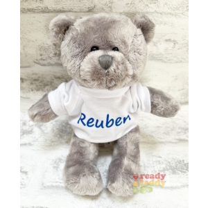 Personalised Teddy Bear - Mini Grey Ben The Teddy Bear - Printed T-Shirt - Any Name / Text or Custom Message