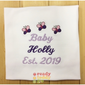 Personalised Embroidered Any Name or Text (3 Lines) + Butterflies Design Baby Cotton or Fleece Blankets