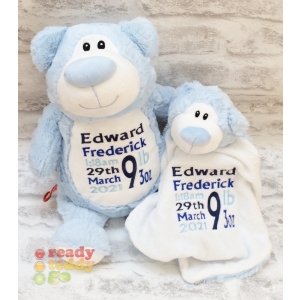 Personalised Cubbies Embroidered Baby Soft Toys - 14 Inch Cubbyford Blue Bear Teddy Bears + Comfort Blanket Gift Set