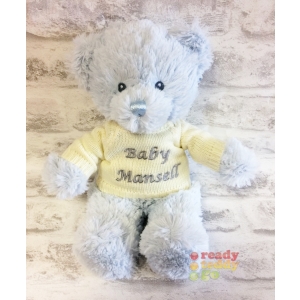 Personalised Embroidered Teddy Bears - Medium 8 Inch 22cm Baby Boy Blue Teddy Bear Wearing Jumper - Any Name / Text or Custom Message