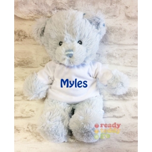 Personalised Teddy Bears - 8 Inch 22cm Blue Baby Boy Teddy Bear - Printed on a white T-Shirt - Any Photo, Name / Text or Custom Message