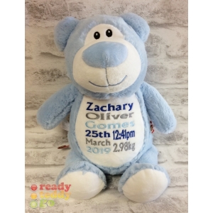 Personalised Teddy Bear - 14 Inch Cubbies Cubbyford The Blue Bear - Embroidered with NAME / TEXT / Baby Birth Details