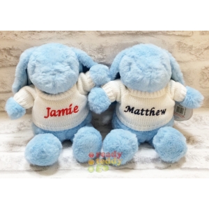 Personalised Small 8 Inch Blue Bunny Rabbit Soft Toy Wearing Cream Jumper