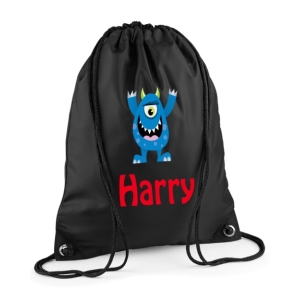 Personalised Blue Monster Any Name Printed Kids Children's School Nursery Drawstring Bag