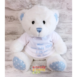 Personalised Teddy Bears - 10 Inch Spotty The Blue Baby Teddy Bear - Printed on a white T-Shirt.