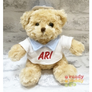 Personalised Embroidered Bears - Small 8 Inch Teddy Bear Wearing T-Shirt with Blue Collar
