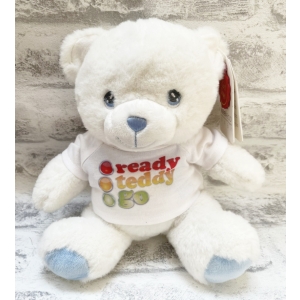 Personalised Small 8 Inch Keel Toys Eco Cream Teddy Bear with Blue Ribbon - Printed on White T-Shirt.