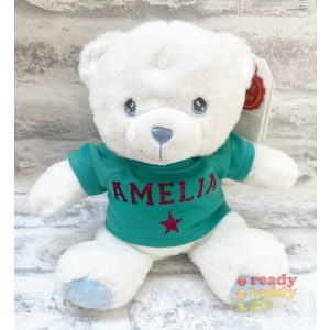 Personalised 8 Inch Keel Toys Eco Cream with Blue Ribbon Teddy Bear Wearing Coloured T-Shirt printed with PLAIN or GLITTER Vinyl