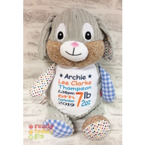 Personalised Cubbies Embroidered Baby Soft Toys - 14 Inch Harlequin Munchkin Pie The Boy Bunny Rabbit