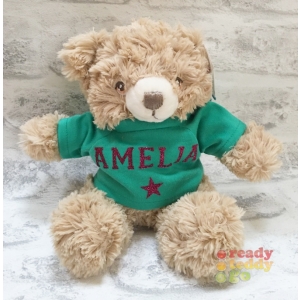 Personalised 7 Inch Keel Toys Eco Bramble The Teddy Bear Wearing Coloured T-Shirt printed with PLAIN or GLITTER Vinyl