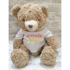 Personalised Teddy Bear - Extra Large Keel Toys Eco 14 Inch Bramble Teddy Bear - Printed on a white t-shirt.