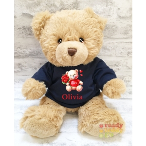 Personalised Keel Toys Eco Large 11 Inch 29cm Harry Brown Teddy Bear Wearing Coloured T-Shirt printed with "Valentines Day Bear with Roses" Design + Any Name / Text