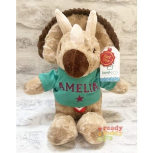 Personalised 10 Inch Keel Toys Eco Brown Dinosaur with Scarf Teddy Bear Wearing Coloured T-Shirt printed with PLAIN or GLITTER Vinyl